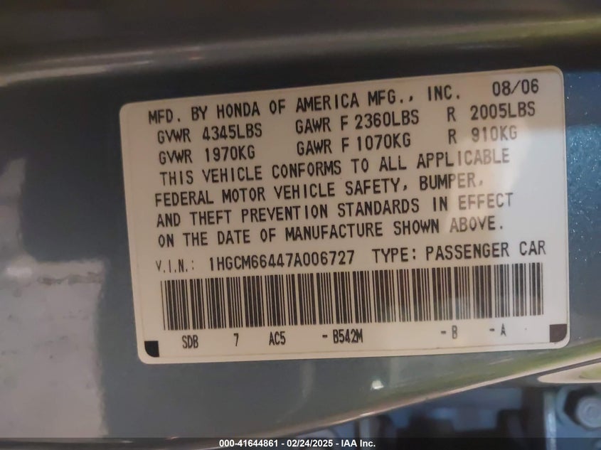 2007 HONDA ACCORD VIN: 1HGCM66447A006727