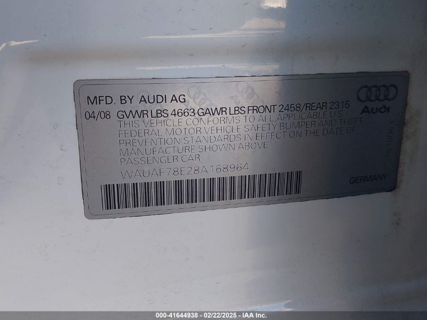 2008 Audi A4 2.0T/2.0T Special Edition VIN: WAUAF78E28A16896 Lot: 41644938