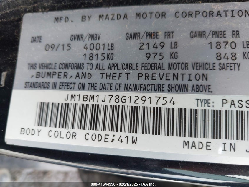 2016 MAZDA MAZDA3 VIN: JM1BM1J78G1291754