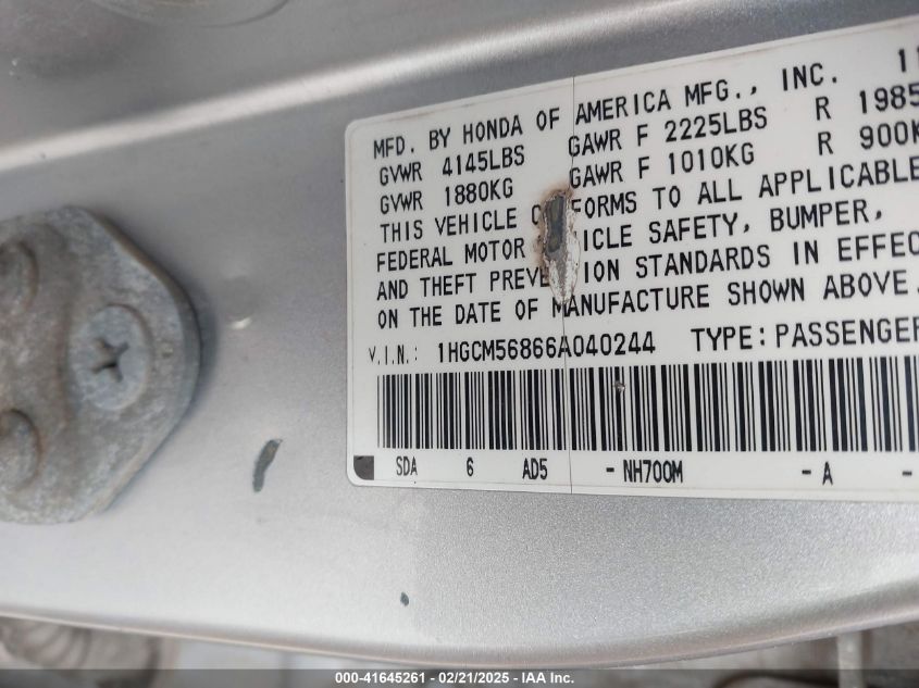 2006 Honda Accord 2.4 Ex VIN: 1HGCM56866A040244 Lot: 41645261