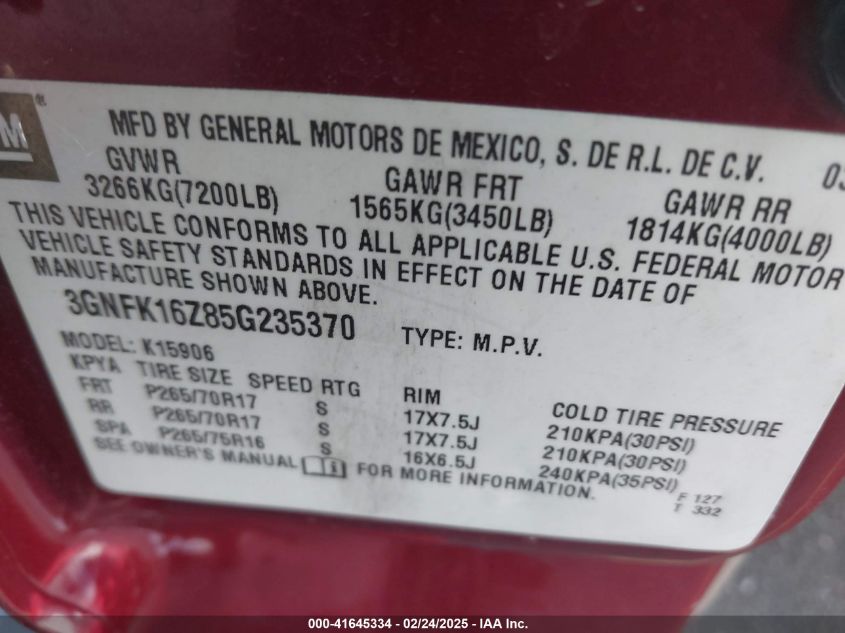 2005 Chevrolet Suburban 1500 Z71 VIN: 3GNFK16Z85G235370 Lot: 41645334