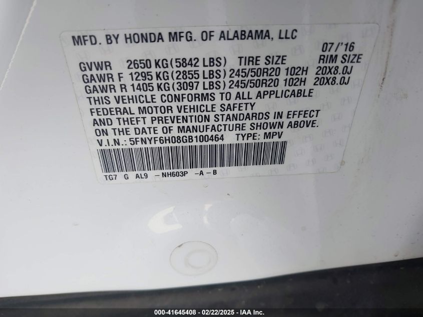 2016 Honda Pilot Elite VIN: 5FNYF6H08GB100464 Lot: 41645408