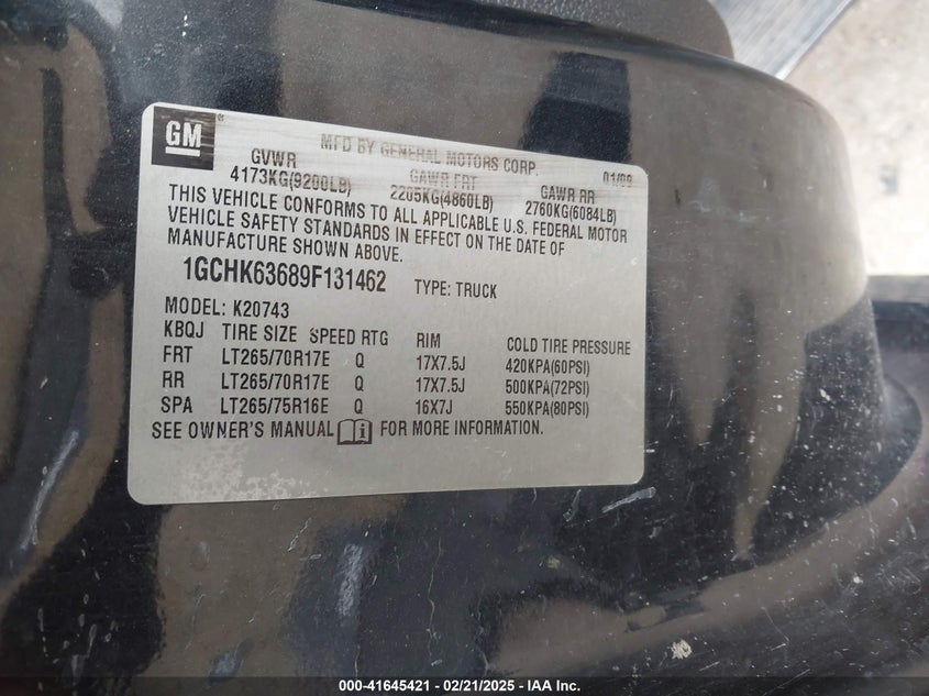 2009 CHEVROLET SILVERADO VIN: 1GCHK63689F131462