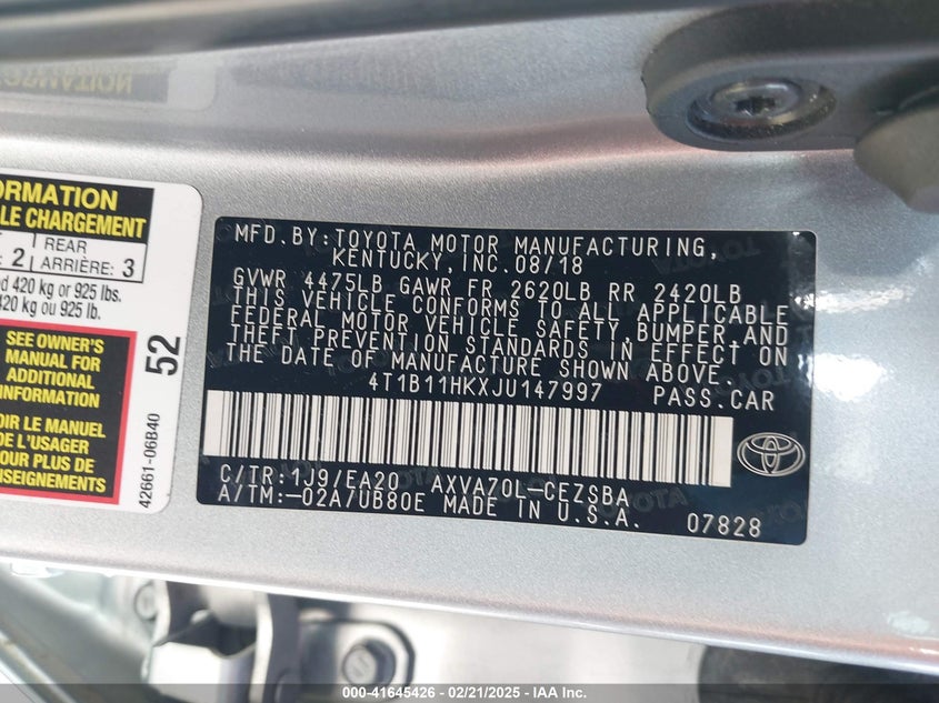 2018 TOYOTA CAMRY VIN: 4T1B11HKXJU147997