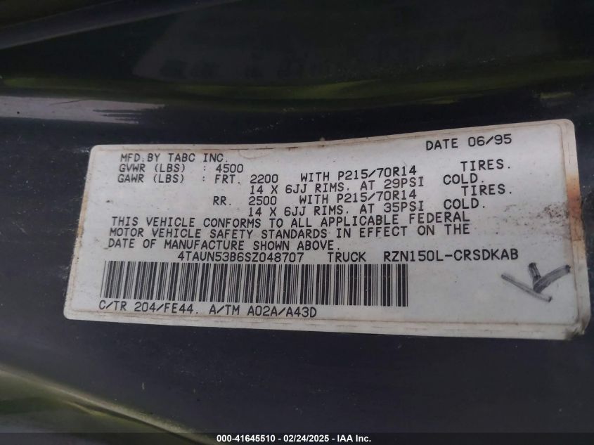 1995 Toyota Tacoma Xtracab VIN: 4TAUN53B6SZ048707 Lot: 41645510
