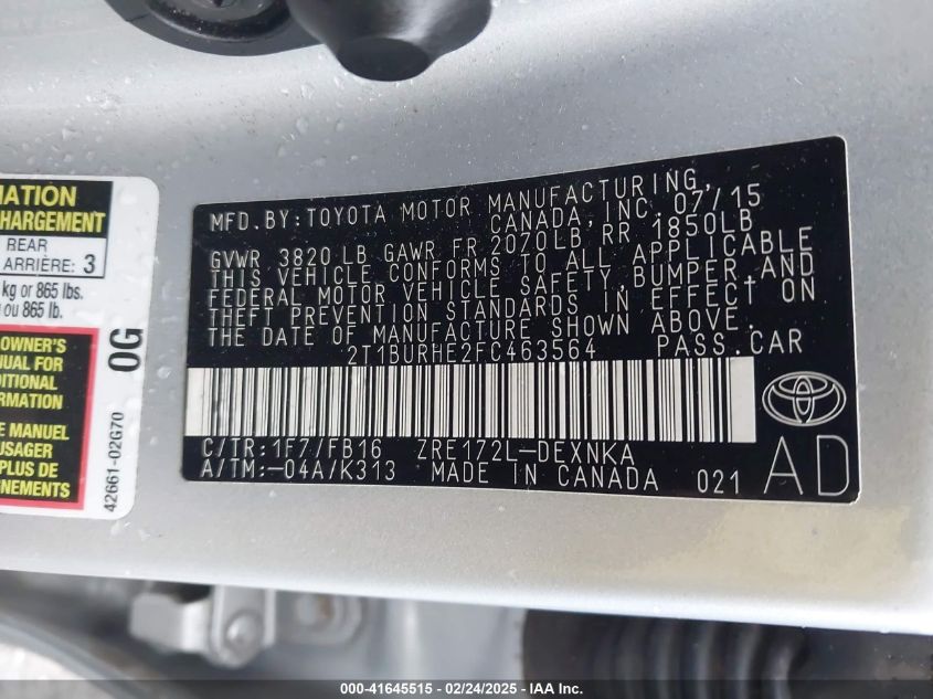 2015 Toyota Corolla Le VIN: 2T1BURHE2FC463564 Lot: 41645515