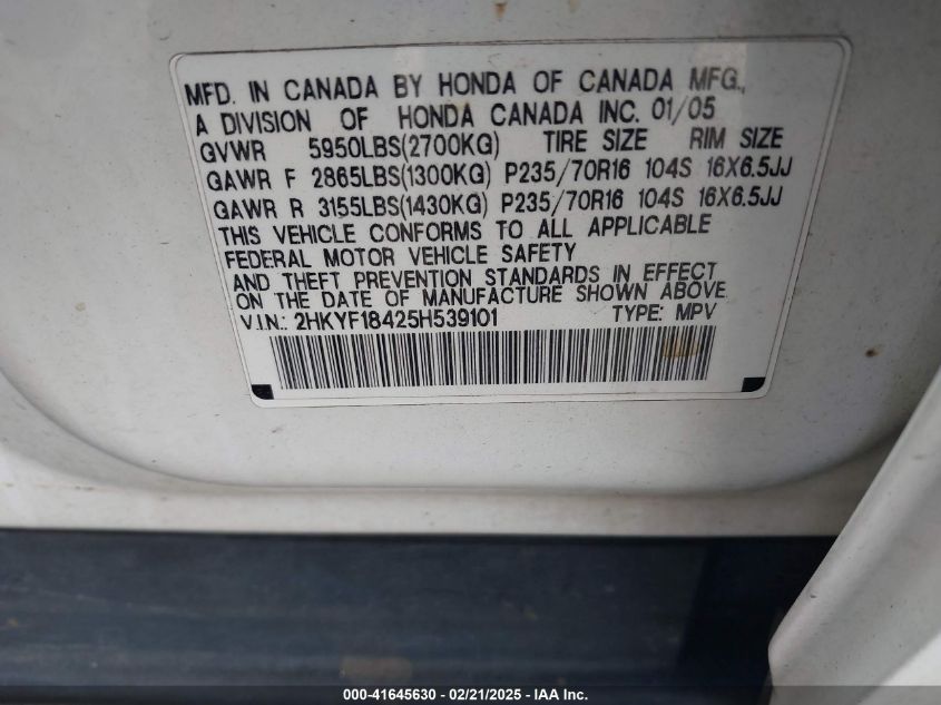 2005 Honda Pilot Ex VIN: 2HKYF18425H539101 Lot: 41645630