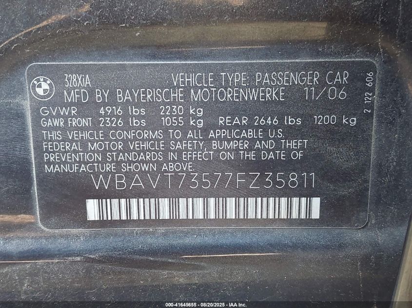 2007 BMW 328Xi VIN: WBAVT73577FZ35811 Lot: 41645655