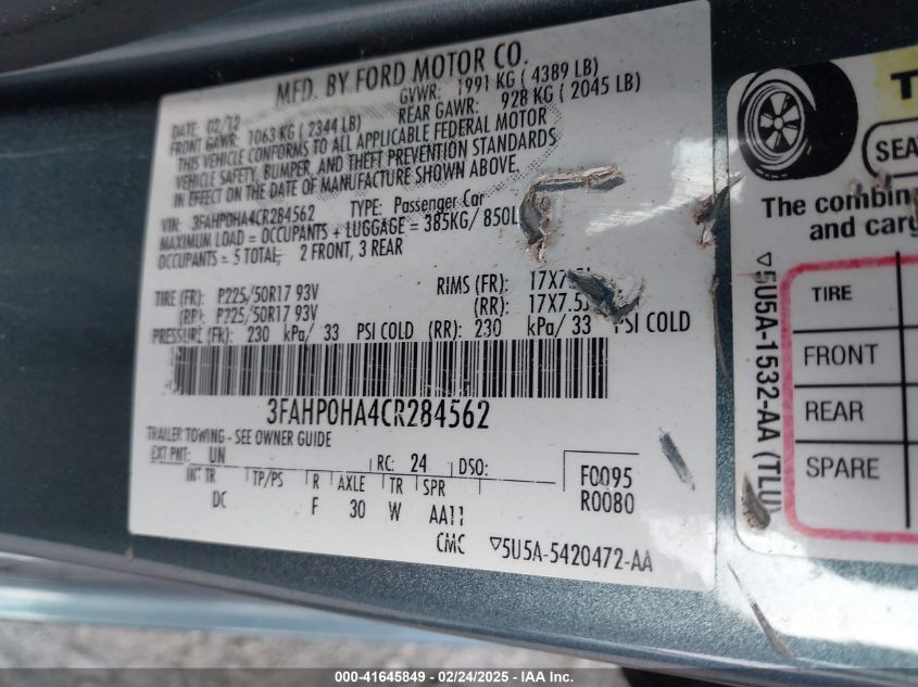 2012 Ford Fusion Se VIN: 3FAHP0HA4CR284562 Lot: 41645849