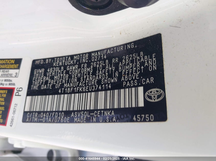 2014 TOYOTA CAMRY VIN: 4T1BF1FK6EU374114