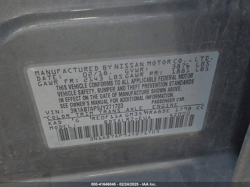 2018 NISSAN SENTRA VIN: 3N1AB7AP9JY271703