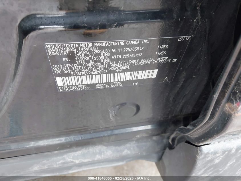 2017 Toyota Rav4 Le VIN: 2T3BFREV2HW676327 Lot: 41646055