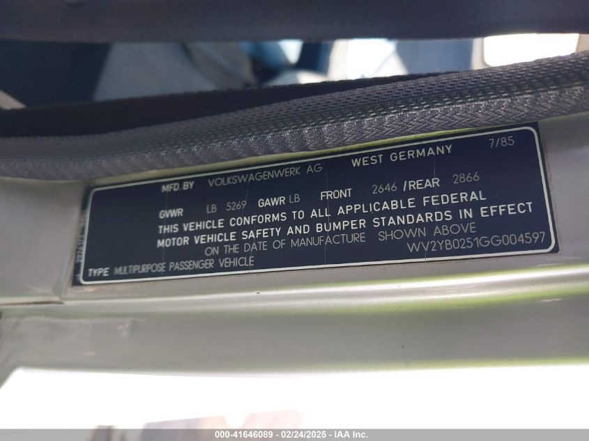 1986 Volkswagen Vanagon Bus VIN: WV2YB0251GG004597 Lot: 41646089