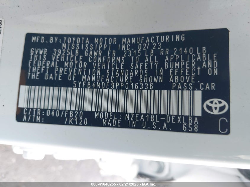 2023 TOYOTA COROLLA VIN: 5YFB4MDE9PP016336