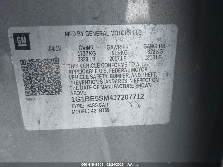 2018 Chevrolet Cruze Lt Auto VIN: 1G1BE5SM4J7207712 Lot: 41646301