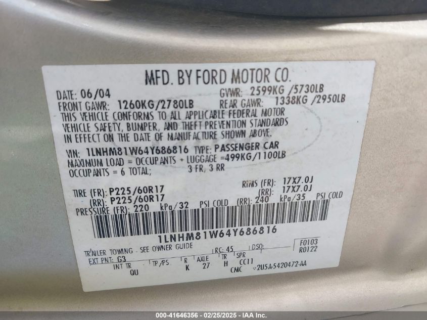 2004 Lincoln Town Car Signature VIN: 1LNHM81W64Y686816 Lot: 41646356