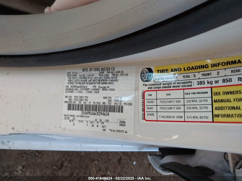 2012 FORD FUSION VIN: 3FAHP0JA6CR294634