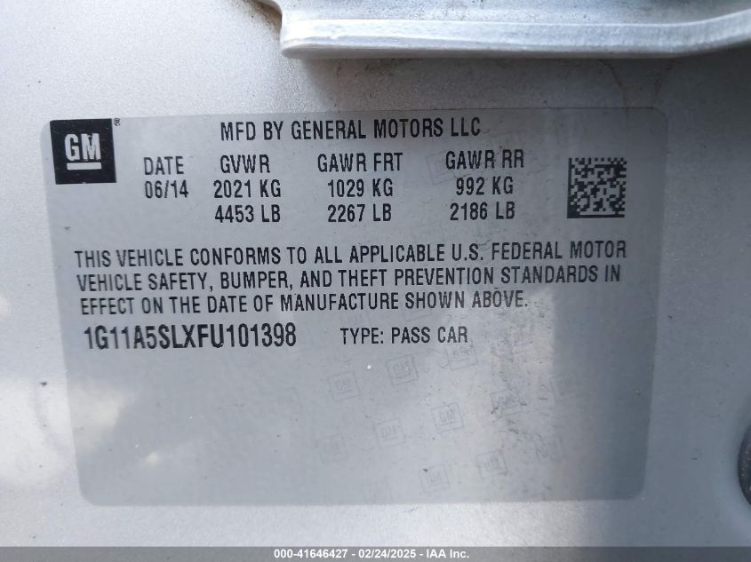 2015 Chevrolet Malibu 1Fl VIN: 1G11A5SLXFU101398 Lot: 41646427