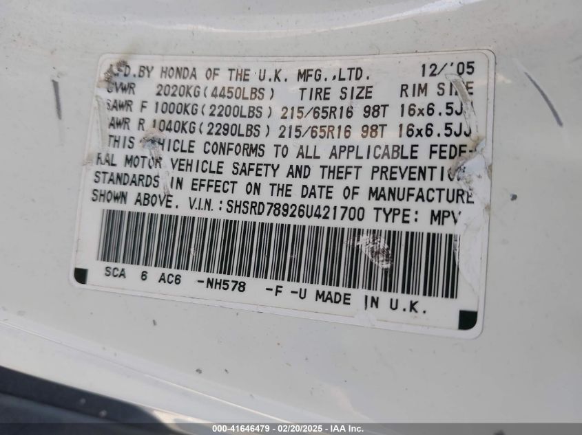 2006 Honda Cr-V Se VIN: SHSRD78926U421700 Lot: 41646479