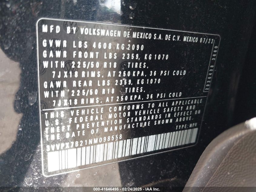 2022 Volkswagen Taos 1.5T Se VIN: 3VVPX7B21NM098558 Lot: 41646495