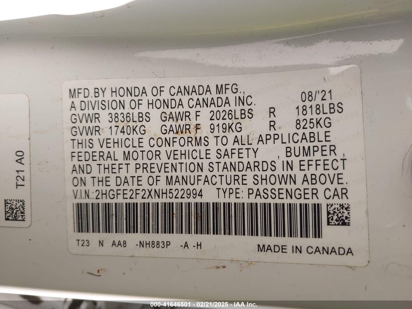 2022 HONDA CIVIC LX - 2HGFE2F2XNH522994