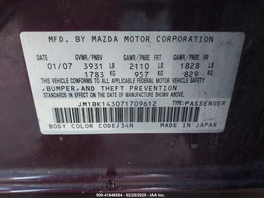 2007 Mazda Mazda3 S Sport VIN: JM1BK143071709612 Lot: 41646584