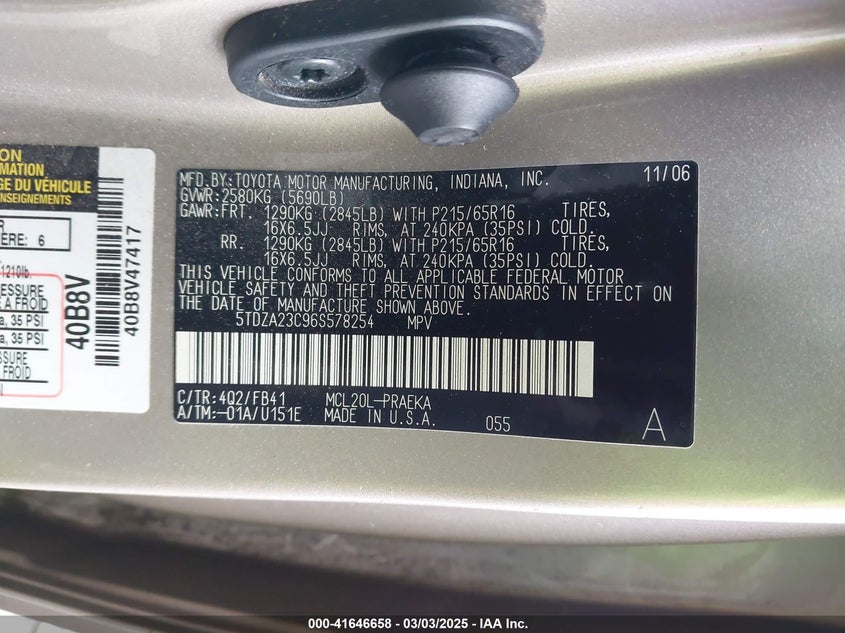 2006 TOYOTA SIENNA VIN: 5TDZA23C96S578254