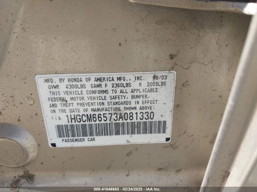 2003 Honda Accord 3.0 Ex VIN: 1HGCM66573A081330 Lot: 41646665