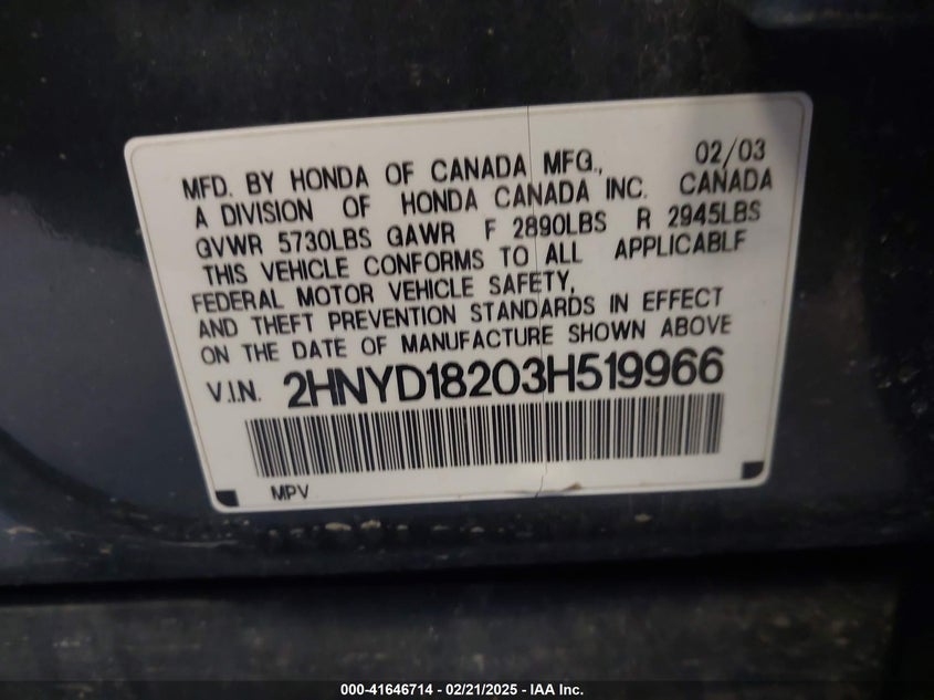 2003 Acura Mdx VIN: 2HNYD18203H519966 Lot: 41646714