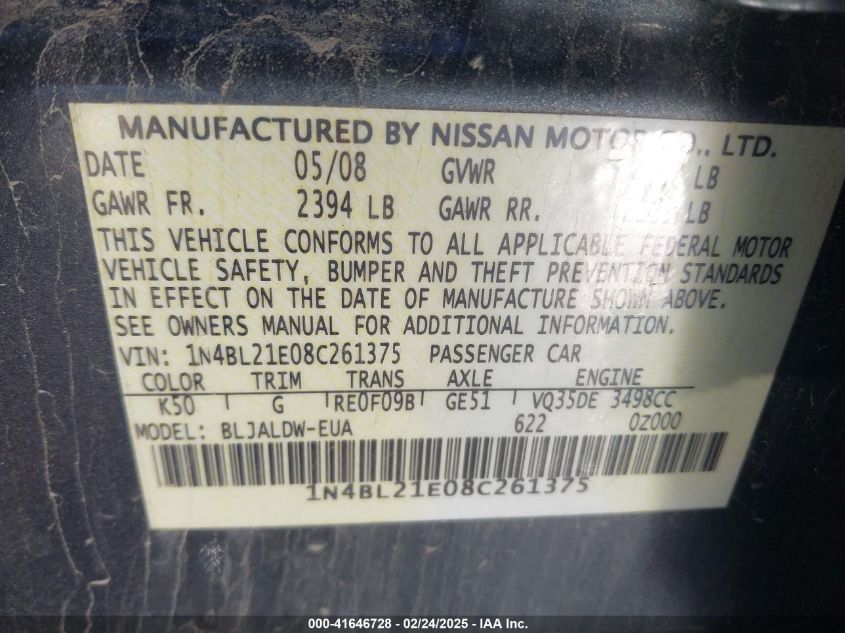2008 Nissan Altima 3.5 Se VIN: 1N4BL21E08C261375 Lot: 41646728
