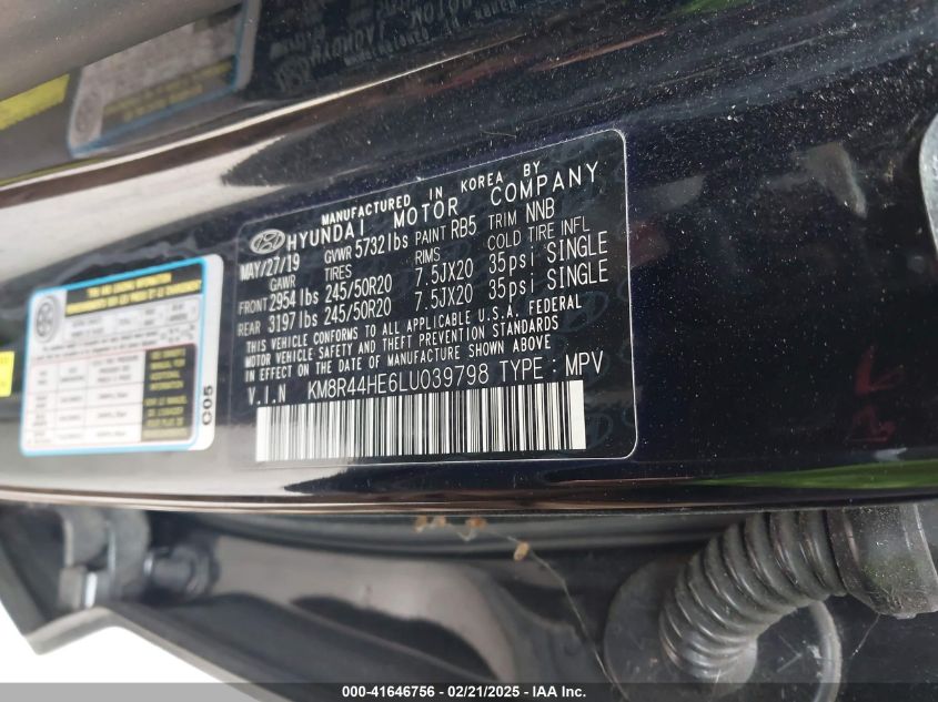 2020 Hyundai Palisade Sel VIN: KM8R44HE6LU039798 Lot: 41646756