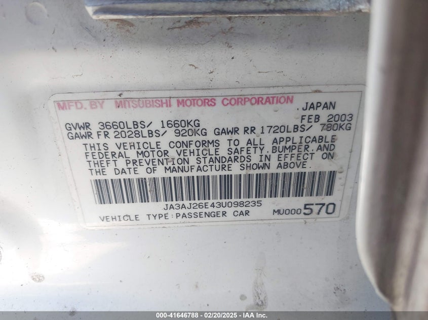 2003 Mitsubishi Lancer Es VIN: JA3AJ26E43U098235 Lot: 41646788