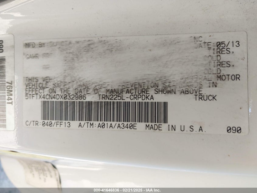 2013 TOYOTA TACOMA VIN: 5TFTX4CN4DX032986