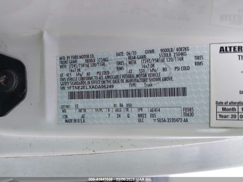2010 Ford E-250 Commercial/Recreational VIN: 1FTNE2ELXADA96249 Lot: 41647036