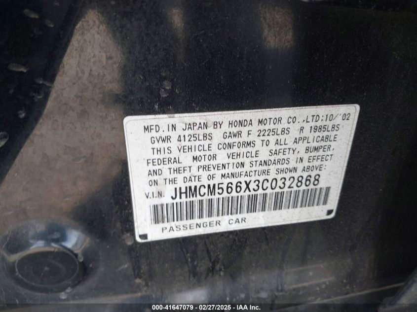 2003 Honda Accord 2.4 Ex VIN: JHMCM566X3C032868 Lot: 41647079