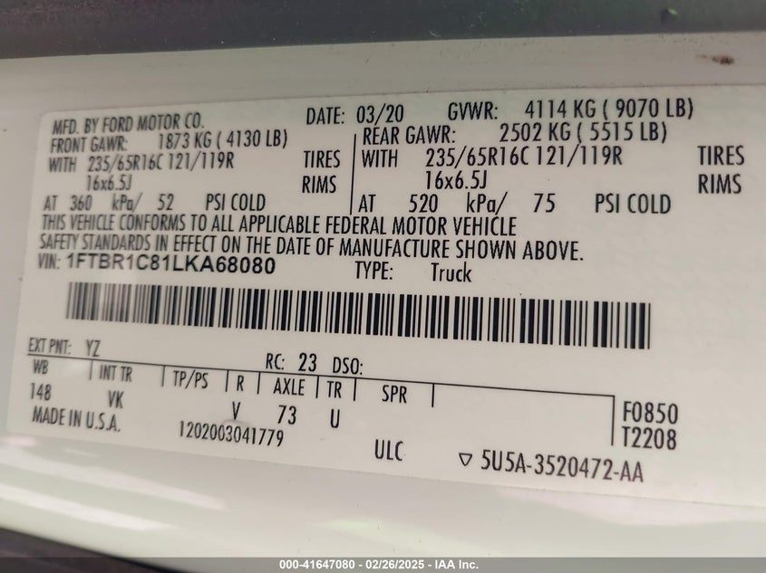 2020 FORD TRANSIT-250 - 1FTBR1C81LKA68080