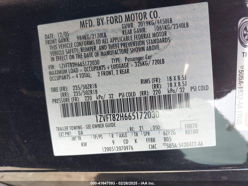 2006 FORD MUSTANG VIN: 1ZVFT82H665172030