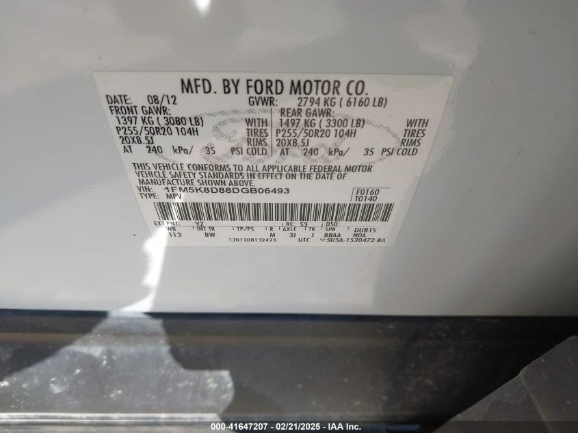 2013 Ford Explorer Xlt VIN: 1FM5K8D88DGB06493 Lot: 41647207