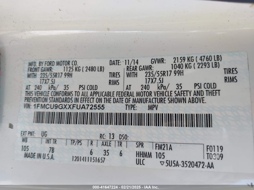 2015 Ford Escape Se VIN: 1FMCU9GXXFUA72555 Lot: 41647224