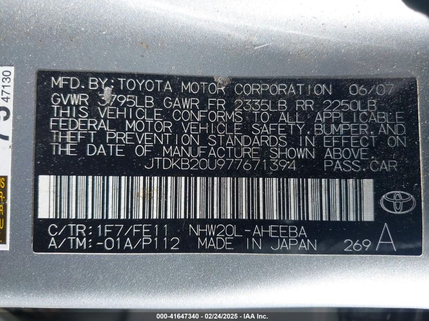 2007 Toyota Prius VIN: JTDKB20U977671394 Lot: 41647340