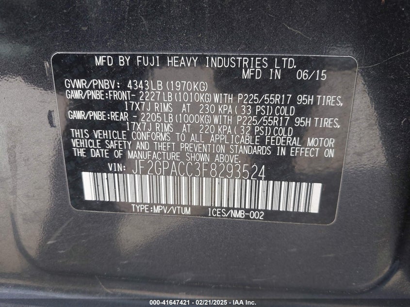 2015 SUBARU XV CROSSTREK 2.0I PREMIUM - JF2GPACC3F8293524