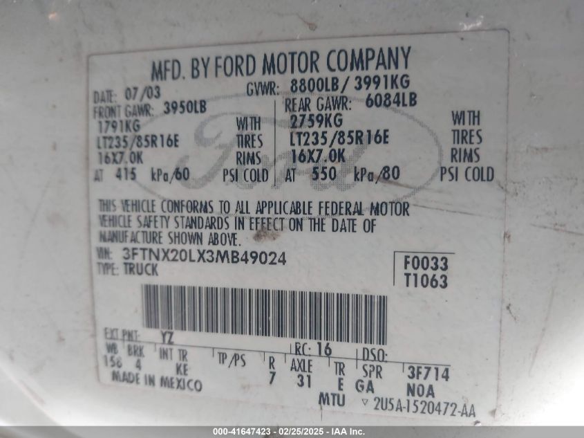 2003 Ford F-250 Lariat/Xl/Xlt VIN: 3FTNX20LX3MB49024 Lot: 41647423