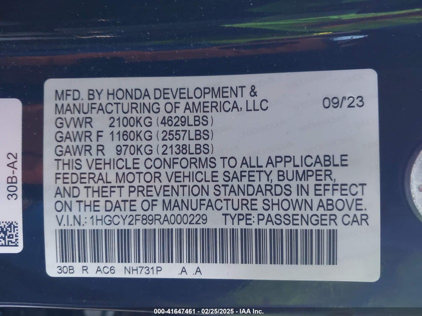 2024 HONDA ACCORD VIN: 1HGCY2F89RA000229