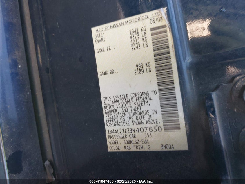 2009 NISSAN ALTIMA VIN: 1N4AL21E29N407650