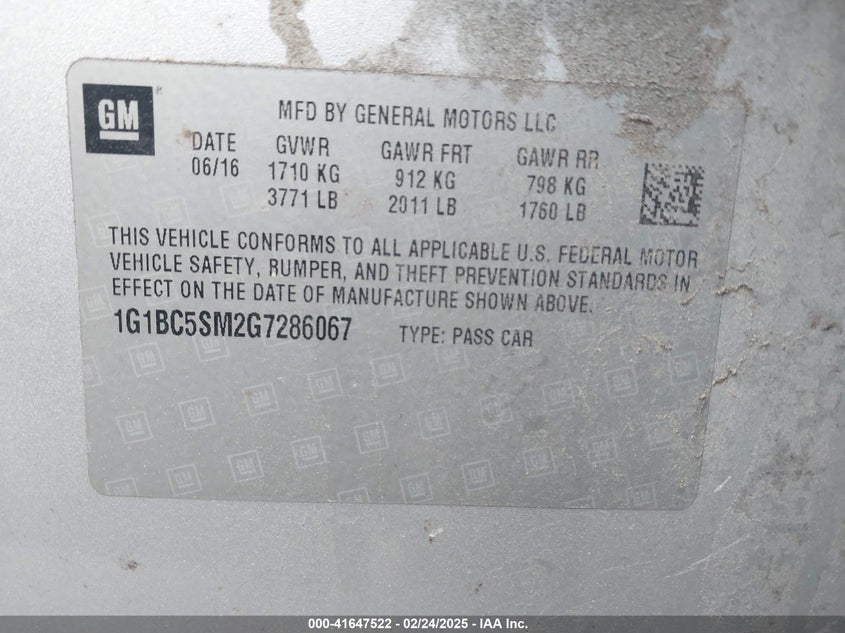 2016 CHEVROLET CRUZE VIN: 1G1BC5SM2G7286067
