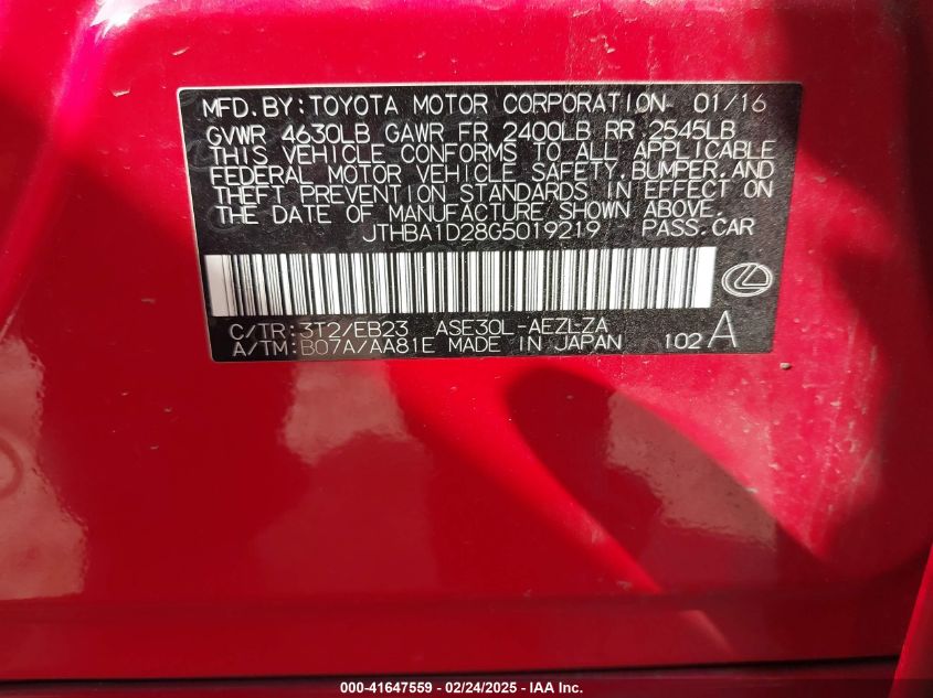 2016 Lexus Is 200T VIN: JTHBA1D28G5019219 Lot: 41647559