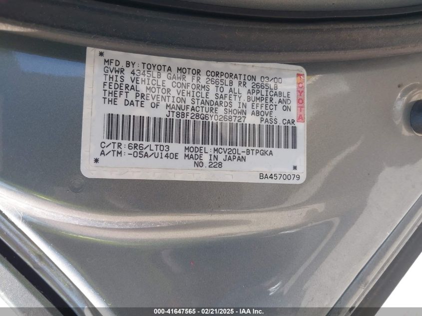 2000 Lexus Es300 VIN: JT8DF2866Y0268727 Lot: 41647565