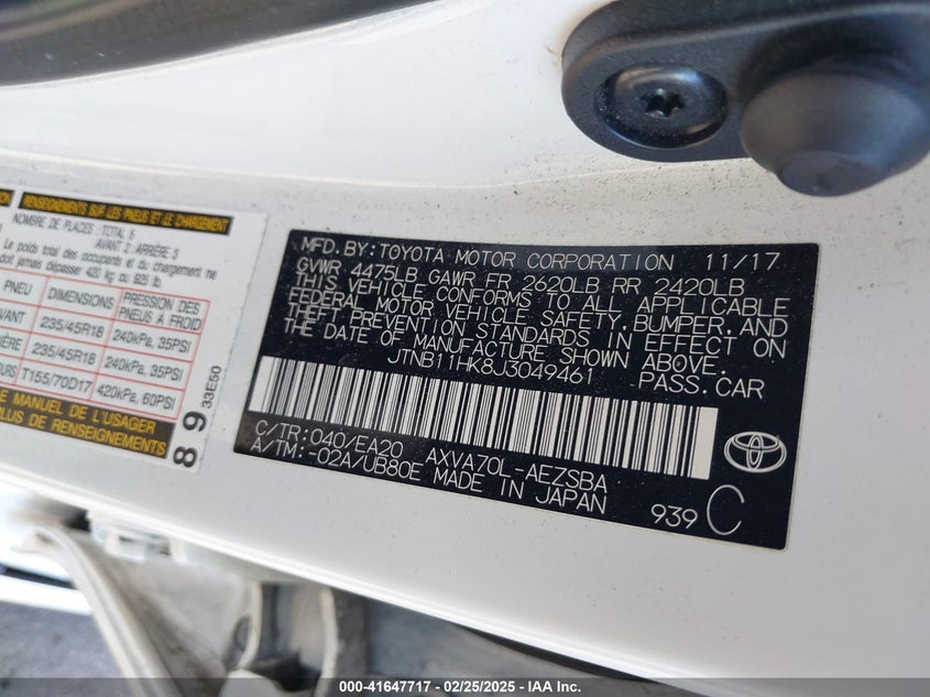 2018 TOYOTA CAMRY VIN: JTNB11HK8J3049461
