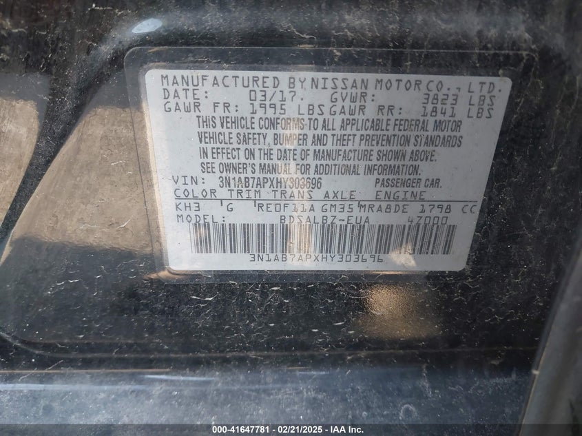 2017 NISSAN SENTRA VIN: 3N1AB7APXHY303696