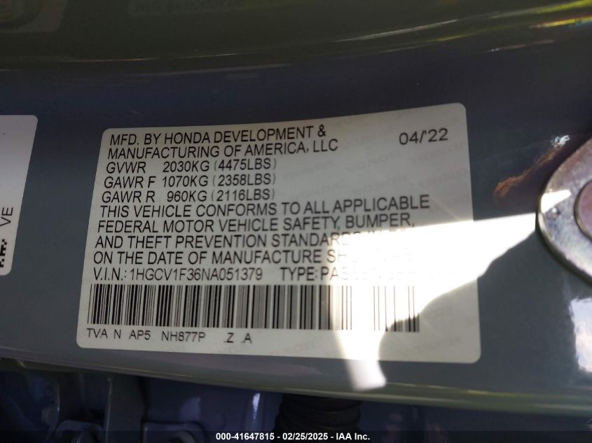 2022 Honda Accord Sport VIN: 1HGCV1F36NA051379 Lot: 41647815